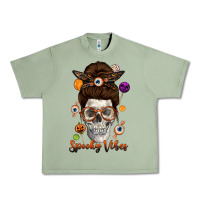 Oil Green Spooky Vibes Skull Messy Bun Urban Heavy Tee - texasbilliewilder