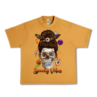 Peanut Butter Spooky Vibes Skull Messy Bun Urban Heavy Tee - texasbilliewilder