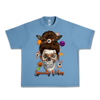 Pebble Blue Spooky Vibes Skull Messy Bun Urban Heavy Tee - texasbilliewilder