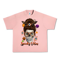 Salmon Spooky Vibes Skull Messy Bun Urban Heavy Tee - texasbilliewilder