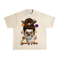Sandshell Spooky Vibes Skull Messy Bun Urban Heavy Tee - texasbilliewilder