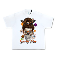 White Spooky Vibes Skull Messy Bun Urban Heavy Tee - texasbilliewilder