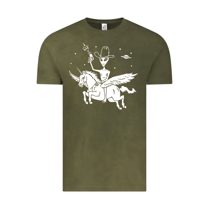 Alien Riding Unicorn  Cool Ufo Cowboy Vintage Tee by artisFamous | Teevron