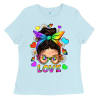 Baby Blue LGBTQ+ Messy Bun Mum Love With Hearts Ladies Tee - BundleAndBundleShop