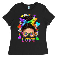 Black LGBTQ+ Messy Bun Mum Love With Hearts Ladies Tee - BundleAndBundleShop