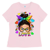 Bubblegum Pink LGBTQ+ Messy Bun Mum Love With Hearts Ladies Tee - BundleAndBundleShop
