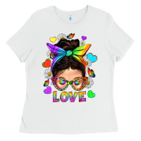White LGBTQ+ Messy Bun Mum Love With Hearts Ladies Tee - BundleAndBundleShop