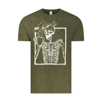 Vintage Olive distressed skeleton vintage smiling skull drinking coffee Vintage Tee - artisFamous