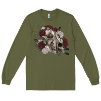 Army Green Floral boho wolf skull Long Sleeve Tee - RanaPortraitStore