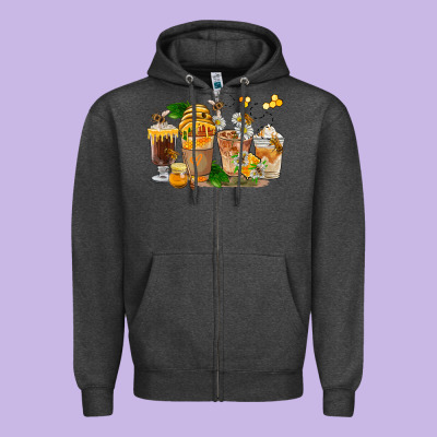 Honey Bee Coffee Cups Zipper Hoodie Designed By Fadigitalartstudio
