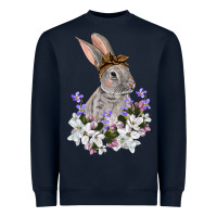 Navy Easter Day Flowers bunny Heavyweight Sweatshirt - OliviaCreatesArt