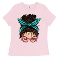 Bubblegum Pink Messy Curly Bun Mom With Leopard Bandana Ladies Tee - BundleAndBundleShop