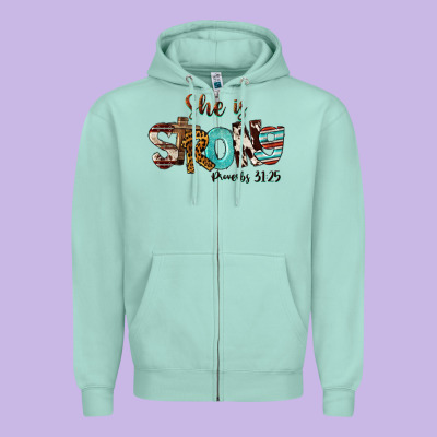 She Is Strong Proverbs 31 25 Zipper Hoodie Designed By Fadigitalartstudio