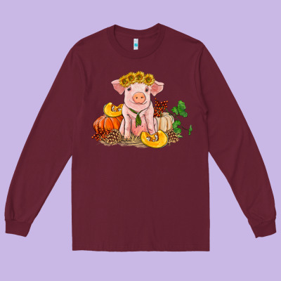 Fall Pig Long Sleeve Tee Designed By Ranaportraitstore