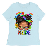 Baby Blue LGBTQ+ Messy Bun Mom Pride With Flower Ladies Tee - BundleAndBundleShop