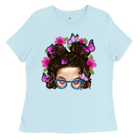 Baby Blue Messy Bun Mom With Butterfly Ladies Tee - BundleAndBundleShop