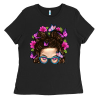 Black Messy Bun Mom With Butterfly Ladies Tee - BundleAndBundleShop