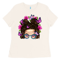 Bone Messy Bun Mom With Butterfly Ladies Tee - BundleAndBundleShop