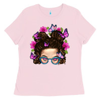 Bubblegum Pink Messy Bun Mom With Butterfly Ladies Tee - BundleAndBundleShop