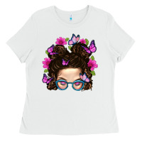 White Messy Bun Mom With Butterfly Ladies Tee - BundleAndBundleShop