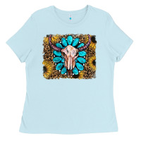 Baby Blue leopard sunflowers and gemstone skull Ladies Tee - RanaPortraitStore