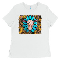 White leopard sunflowers and gemstone skull Ladies Tee - RanaPortraitStore