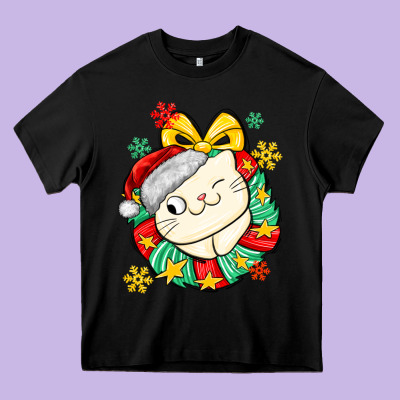 Christmas Wreaths Cat Heavy Core Tee Designed By Maliassmallbusiness