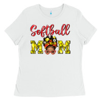White Softball Mom And Afro Messy Bun Mom Ladies Tee - BundleAndBundleShop