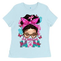Baby Blue Warrior Mom Messy Bun With Flowers Ladies Tee - BundleAndBundleShop