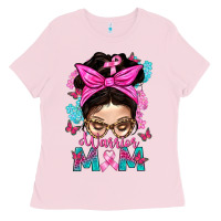 Bubblegum Pink Warrior Mom Messy Bun With Flowers Ladies Tee - BundleAndBundleShop