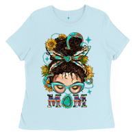 Baby Blue Western Messy Bun Mom With Sunflower Ladies Tee - BundleAndBundleShop