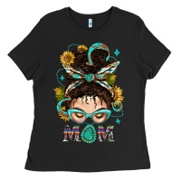 Black Western Messy Bun Mom With Sunflower Ladies Tee - BundleAndBundleShop