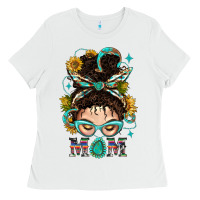 White Western Messy Bun Mom With Sunflower Ladies Tee - BundleAndBundleShop