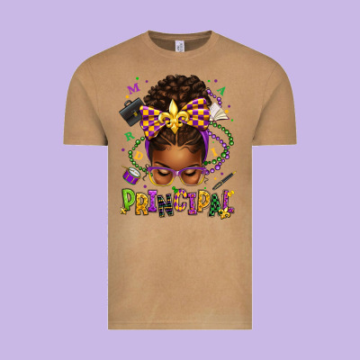 Mardi Gras Principal Afro Messy Bun Vintage Tee Designed By Texasbilliewilder