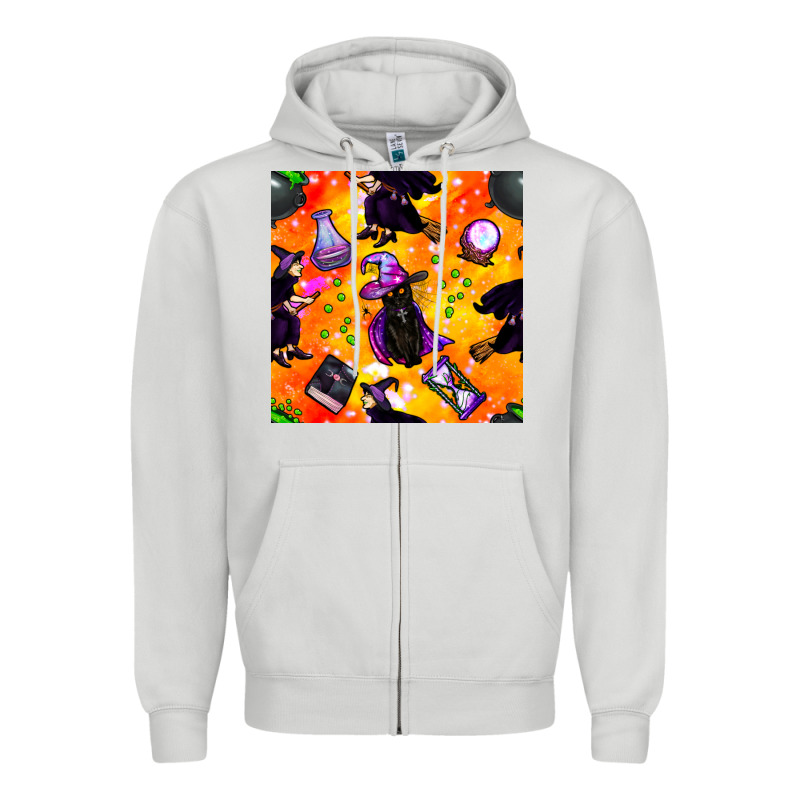 Halloween Cat And Witch Seamless Pattern Zipper Hoodie by BundleAndBundleShop | Teevron