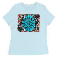 Baby Blue cowhide and serape gemstone background Ladies Tee - RanaPortraitStore