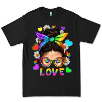 Black LGBTQ+ Messy Bun Mum Love With Hearts Premium Tee - BundleAndBundleShop
