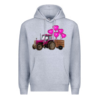 Heather Grey valentines day pink tractor with pink heart balloo Premium Hoodie - RanaPortraitStore
