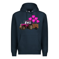 Navy valentines day pink tractor with pink heart balloo Premium Hoodie - RanaPortraitStore