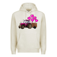 Oatmeal Heather valentines day pink tractor with pink heart balloo Premium Hoodie - RanaPortraitStore