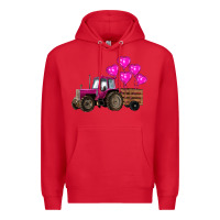 Valentines Day Pink Tractor With Pink Heart Balloo Premium Hoodie | Teevron