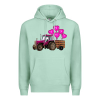 Seafoam valentines day pink tractor with pink heart balloo Premium Hoodie - RanaPortraitStore