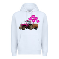 White valentines day pink tractor with pink heart balloo Premium Hoodie - RanaPortraitStore