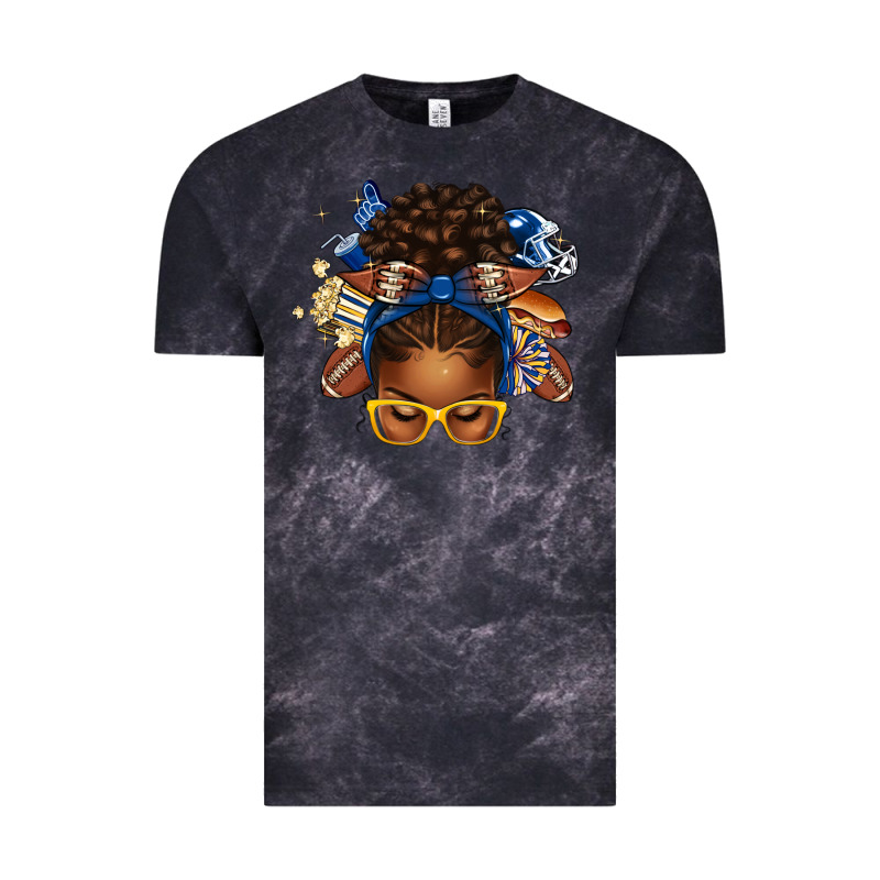 Blue And Gold American Football Afro Messy Bun Vintage Tee by texasbilliewilder | Teevron