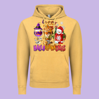Happy Hallothanksmas Wine Glass And Coffee Vintage Hoodie Designed By Nancycooperartshop