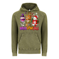 Vintage Olive Happy Hallothanksmas wine glass and coffee Vintage Hoodie - NancyCooperArtShop