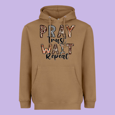 Pray Trust Wait Repeat Heavyweight Hoodie Designed By Cowhidedigitalart