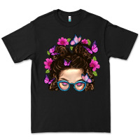 Black Messy Bun Mom With Butterfly Premium Tee - BundleAndBundleShop