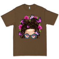 Cacao Messy Bun Mom With Butterfly Premium Tee - BundleAndBundleShop