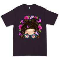 Plum Messy Bun Mom With Butterfly Premium Tee - BundleAndBundleShop